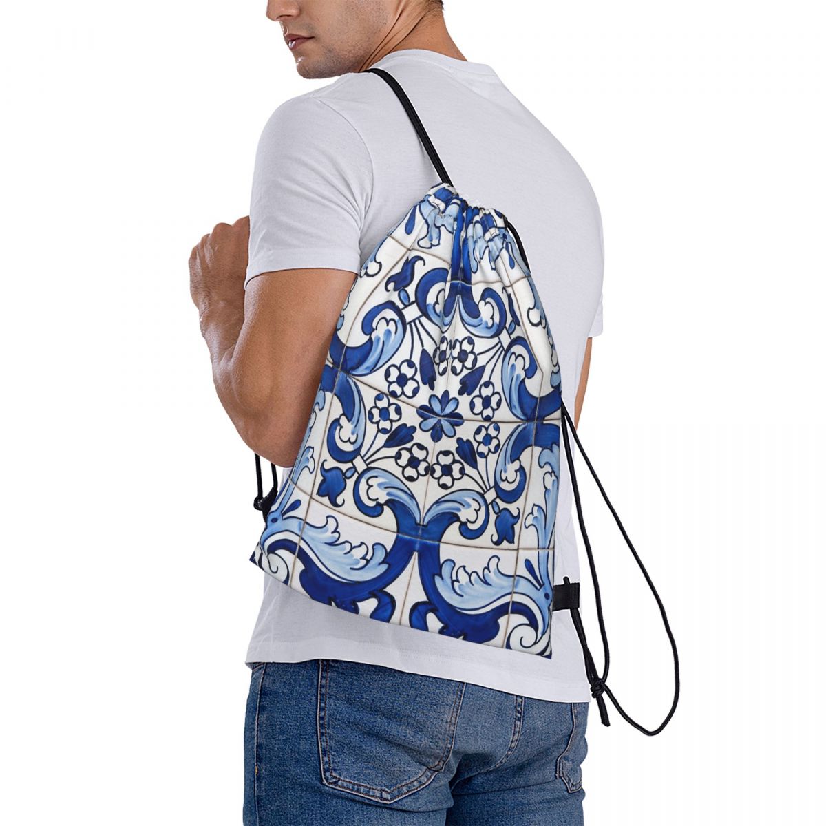 Tile Bag Drawstring - Антикварные классические рюкзаки с цветочным узором