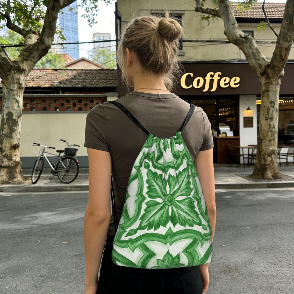 Tile Bag Drawstring - Зеленые рюкзаки с цветочным узором в