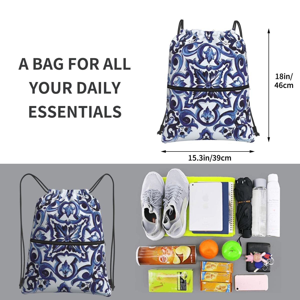 Синие рюкзаки с цветочным узор – обзор и цена Tile Bag Drawstring