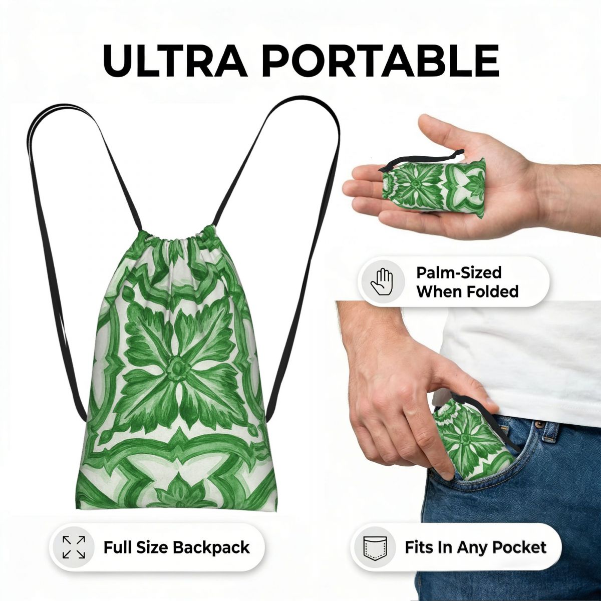 Зеленые рюкзаки с цветочным уз – обзор и цена Tile Bag Drawstring